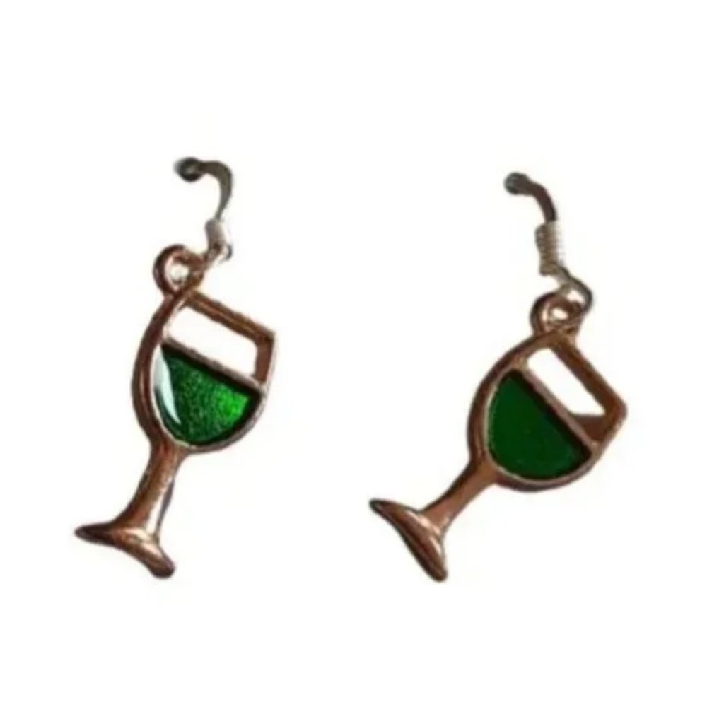 Costume Jewelry Dangle Drop Wine Glass Shaped Earrings Green